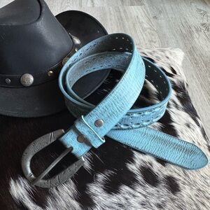 Leather Island Bill Lavin Blue Boho Western Rock Cowgirl Distressed Style Belt L